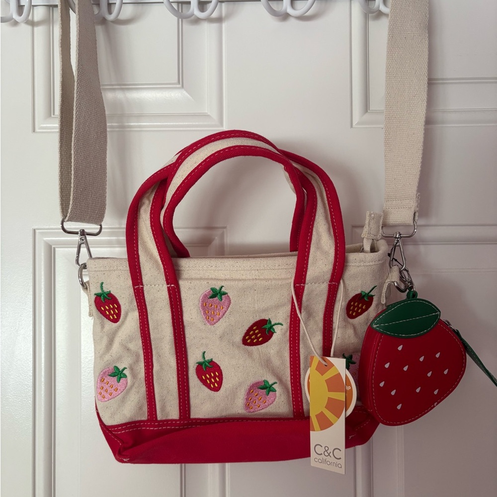 C&C California Strawberry Canvas Tote NWT w/ Crossbody Strap & Bonus Pouch